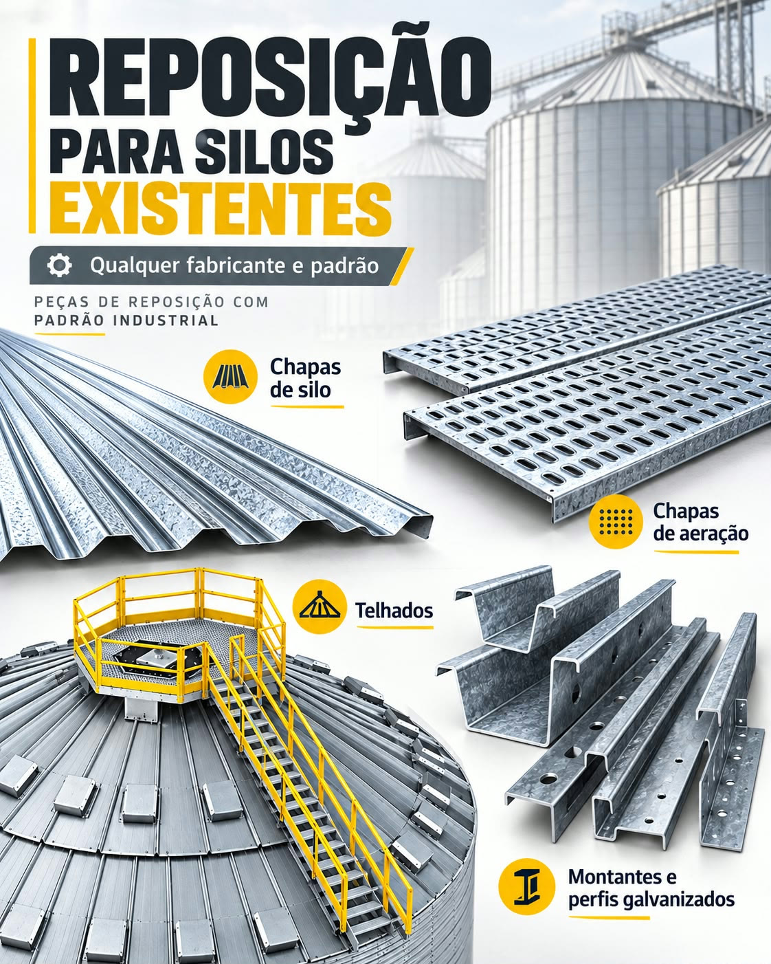 Silos para armazenagem de grãos e peças para reforma